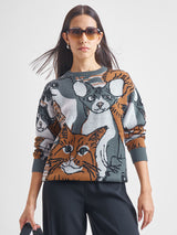 Women's Grey Casual Self-Design Full Sleeves Sweater