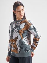 Women's Grey Casual Self-Design Full Sleeves Sweater