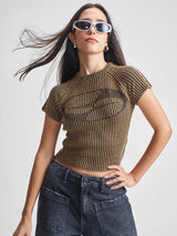 Women's Brown Casual Self-Design Half Sleeves Sweater