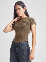 Women's Brown Casual Self-Design Half Sleeves Sweater