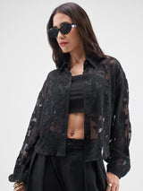 Women's Black Casual Self-Design Full Sleeves Top