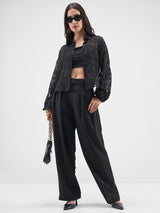 Women's Black Casual Self-Design Full Sleeves Top