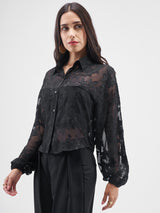 Women's Black Casual Self-Design Full Sleeves Top
