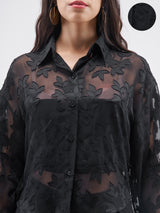 Women's Black Casual Self-Design Full Sleeves Top