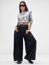 Women's Grey Casual Typography Full Sleeves Top