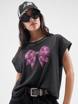 Women's Black Casual Graphic Half Sleeves Tshirt