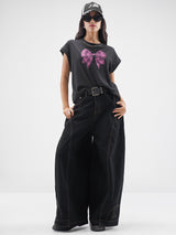 Women's Black Casual Graphic Half Sleeves Tshirt