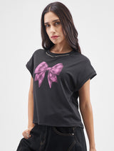 Women's Black Casual Graphic Half Sleeves Tshirt