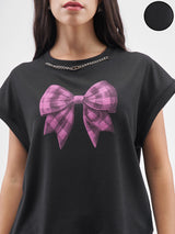 Women's Black Casual Graphic Half Sleeves Tshirt