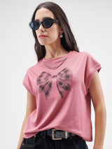 Women's Pink Casual Graphic Half Sleeves Tshirt