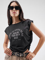 Women's Black Casual Typography Half Sleeves Tshirt