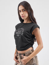 Women's Black Casual Typography Half Sleeves Tshirt