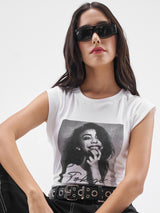 Women's White Casual Graphic Sleeveless Tshirt