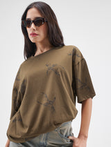 Women's Brown Casual Graphic Half Sleeves Tshirt