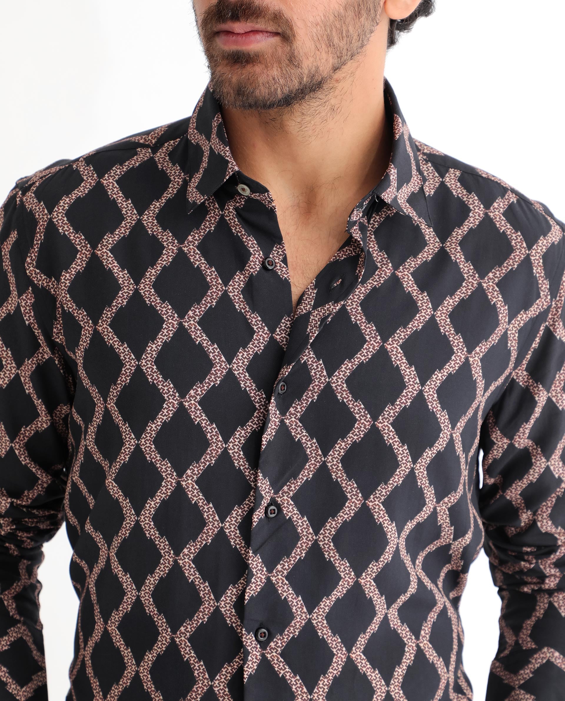 Men's Black Casual Regular Fit Printed Full Sleeves Shirt
