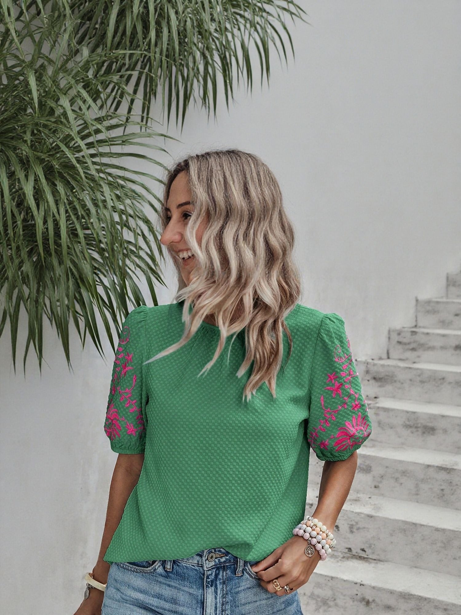 Women's Green Sleeve Embroidery Tshirt