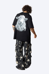 Unisex Black Casual Oversized Fit Printed Half Sleeves Tshirt