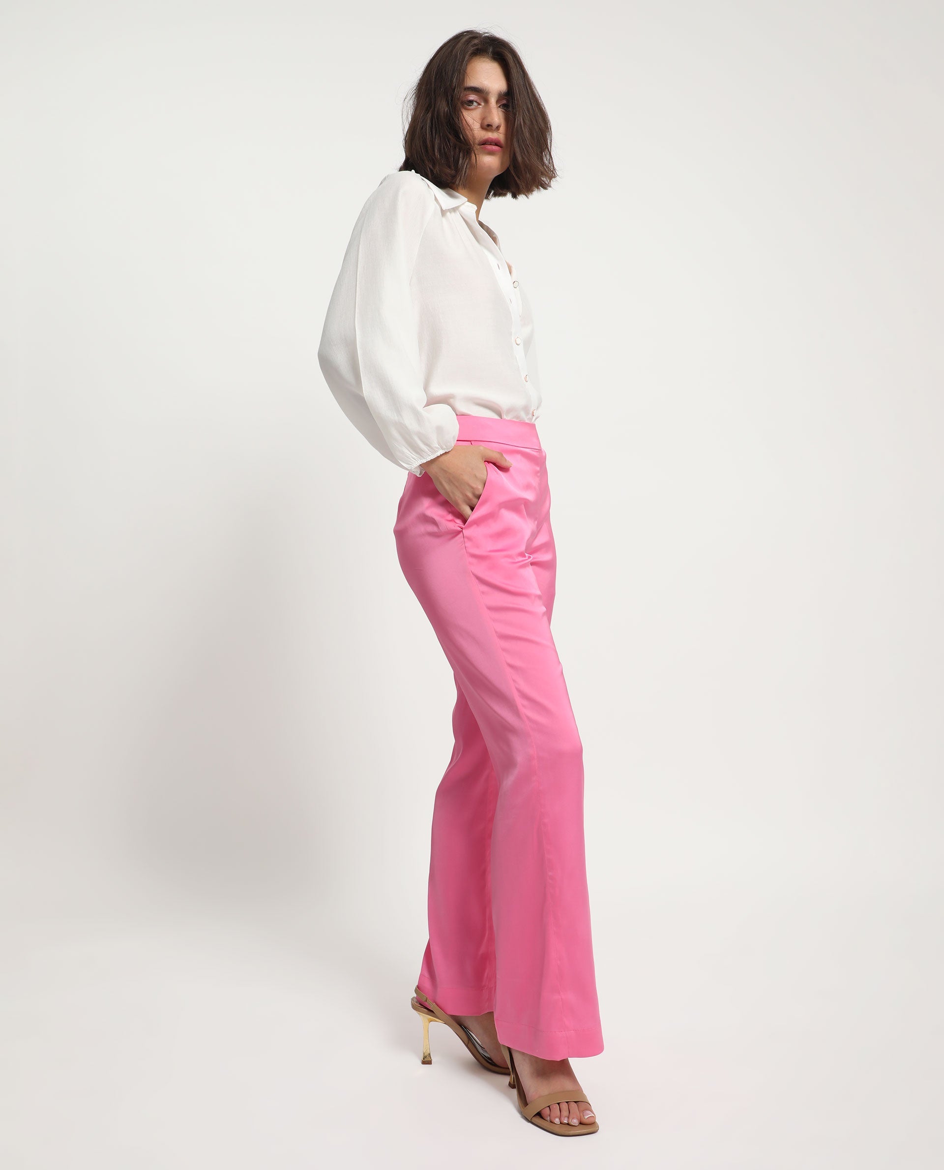 Women's Pink Polyester Plain Ankle Length Relaxed Fit Trouser