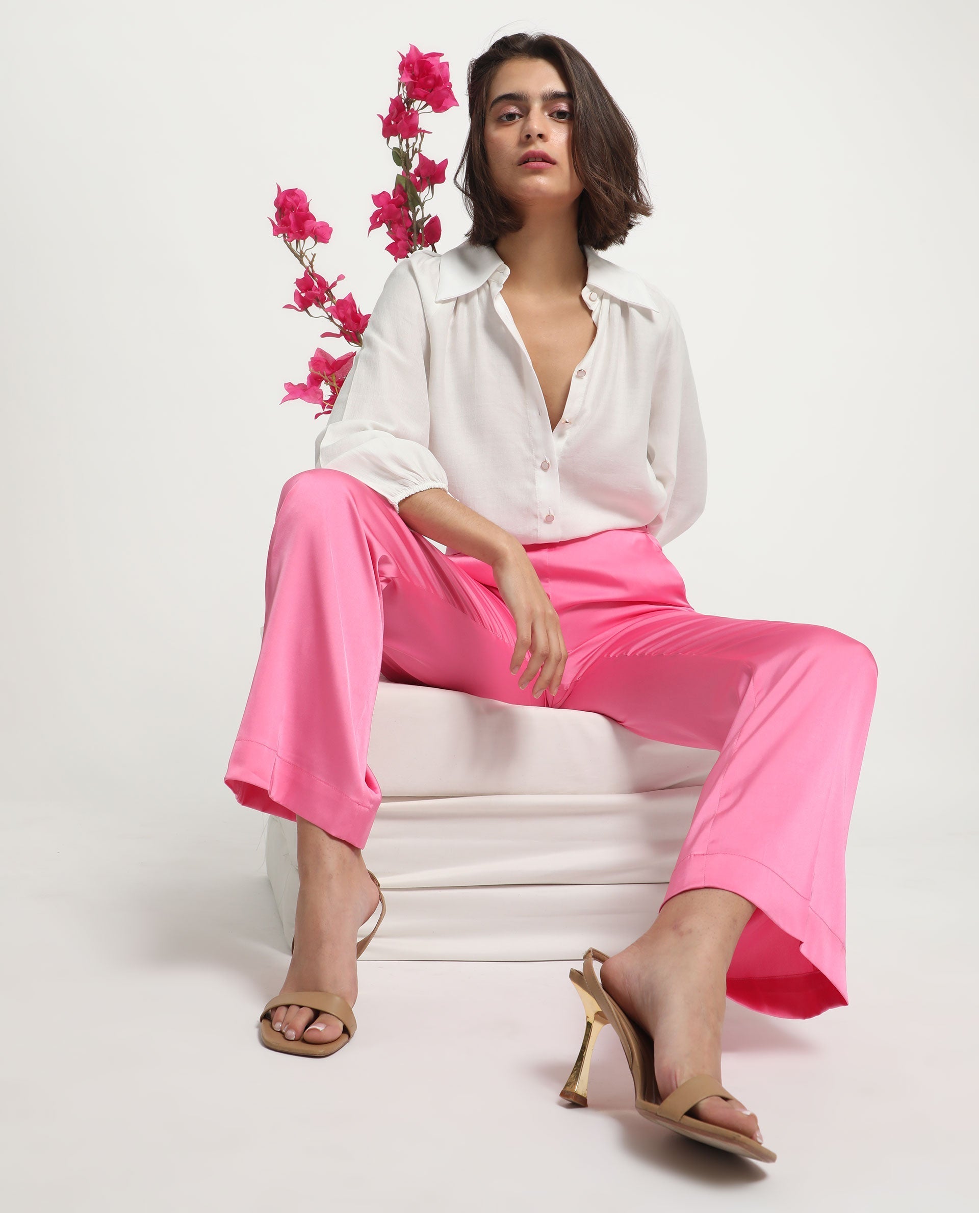 Women's Pink Polyester Plain Ankle Length Relaxed Fit Trouser