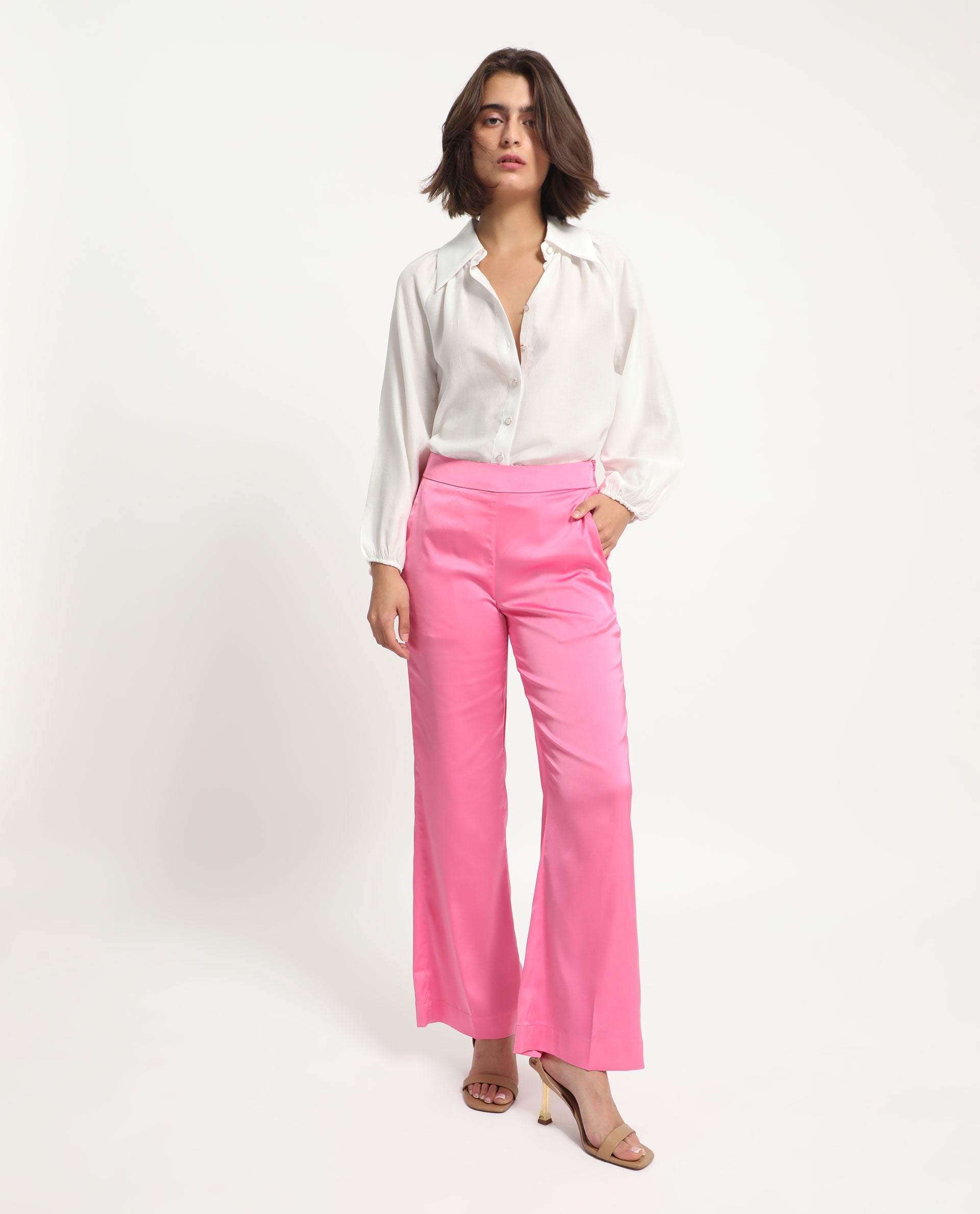Women's Pink Polyester Plain Ankle Length Relaxed Fit Trouser