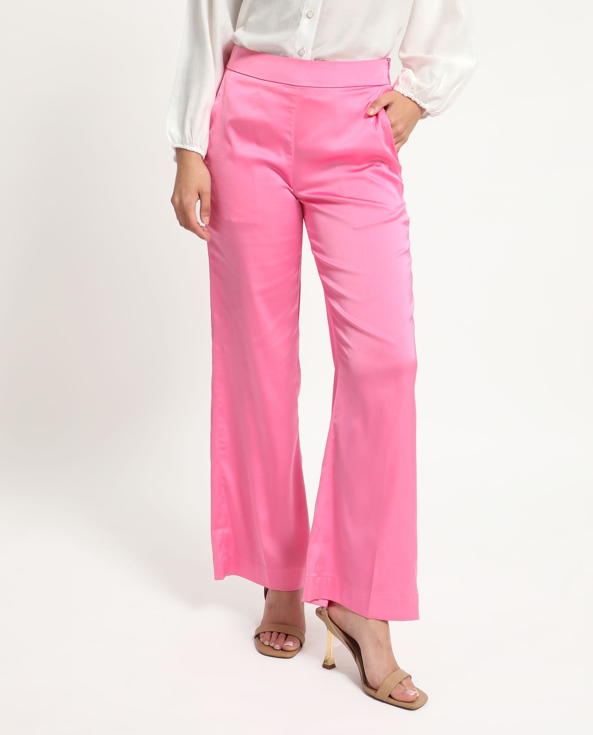 Women's Pink Polyester Plain Ankle Length Relaxed Fit Trouser