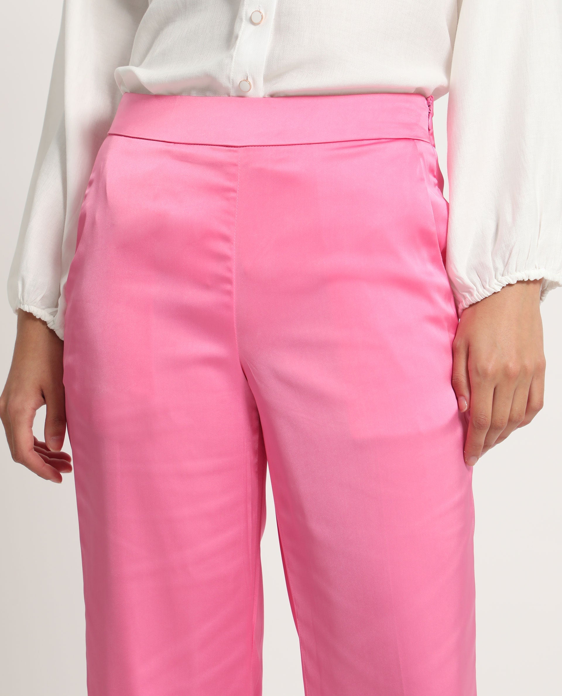 Women's Pink Polyester Plain Ankle Length Relaxed Fit Trouser