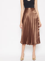 Women's Brown Casual Pleated Midi Fit & Flared Casual Skirt