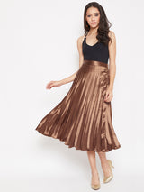 Women's Brown Casual Pleated Midi Fit & Flared Casual Skirt