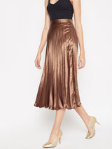 Women's Brown Casual Pleated Midi Fit & Flared Casual Skirt