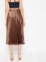 Women's Brown Casual Pleated Midi Fit & Flared Casual Skirt