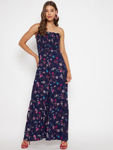 Women's Navy Blue Casual Smocked Strapless Maxi Jumpsuit