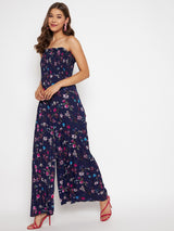 Women's Navy Blue Casual Smocked Strapless Maxi Jumpsuit