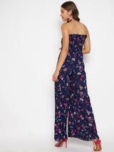 Women's Navy Blue Casual Smocked Strapless Maxi Jumpsuit