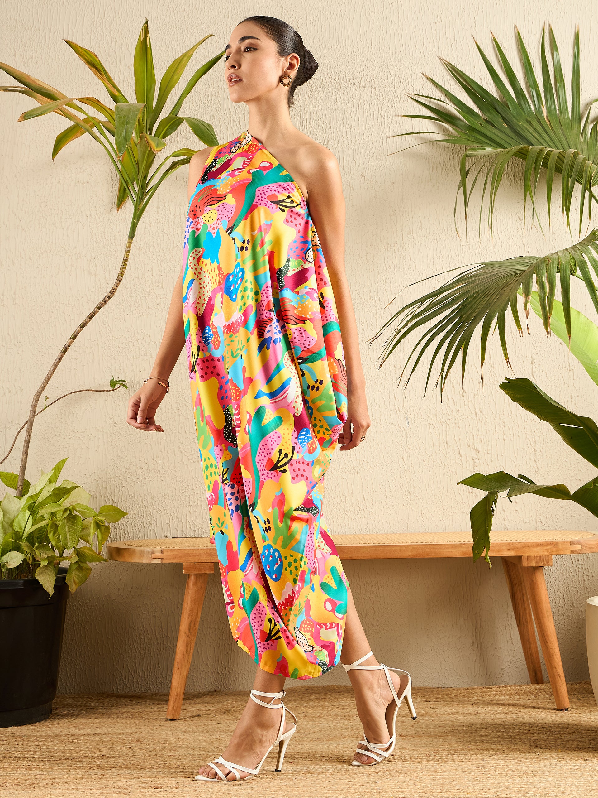 Women's Multicolor Asymmetric One-Shoulder Crepe Dress