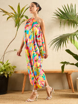 Women's Multicolor Asymmetric One-Shoulder Crepe Dress
