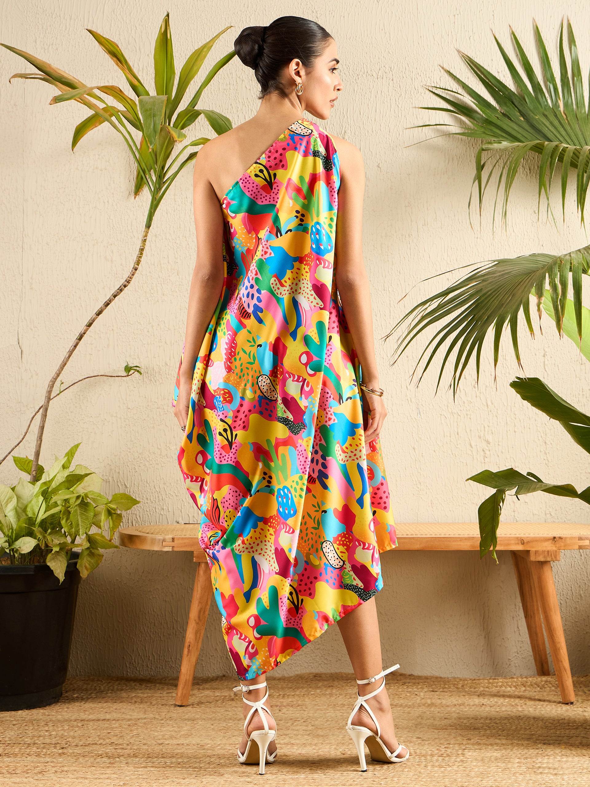 Women's Multicolor Asymmetric One-Shoulder Crepe Dress