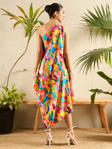Women's Multicolor Asymmetric One-Shoulder Crepe Dress
