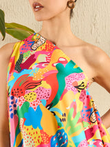 Women's Multicolor Asymmetric One-Shoulder Crepe Dress