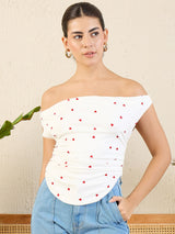 Women's White Casual Cotton Stretchable Draped Crop Top