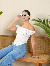 Women's White Casual Cotton Stretchable Draped Crop Top