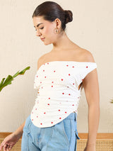 Women's White Casual Cotton Stretchable Draped Crop Top