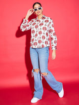Women's White Casual Printed Regular Fit Full Sleeves Shirt