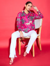 Women's Pink Casual Printed Regular Fit Full Sleeves Shirt