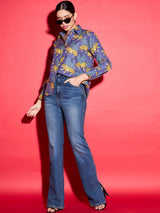 Women's Blue Casual Printed Regular Fit Full Sleeves Shirt
