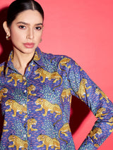 Women's Blue Casual Printed Regular Fit Full Sleeves Shirt