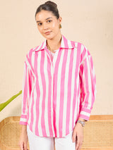 Women's Pink Casual Striped Regular Fit Full Sleeves Shirt