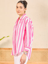 Women's Pink Casual Striped Regular Fit Full Sleeves Shirt