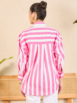 Women's Pink Casual Striped Regular Fit Full Sleeves Shirt