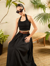 Women's Black Casual Cotton Poplin Box Pleated Midi Fit & Flared Casual Skirt