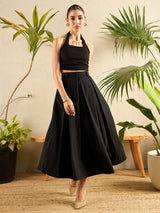 Women's Black Casual Cotton Poplin Box Pleated Midi Fit & Flared Casual Skirt